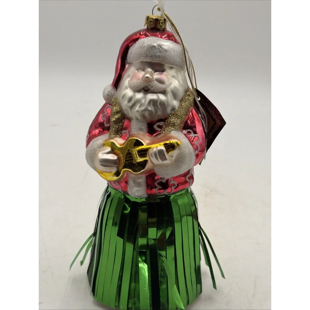 Vtg Robert Stanley Santa W/Ukulele Christmas Ornament Glass Santa Claus Hawaiian